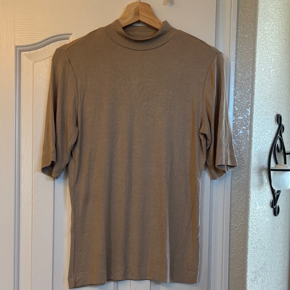 Truth Tan Short Sleeve Mockneck Top. 97% rayon 3% spandex.